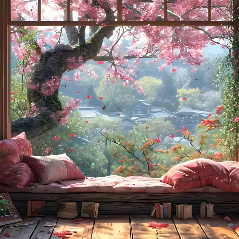 室内新款主播背景墙窗外风景书架唯美古风温馨卧室直播间背景墙布