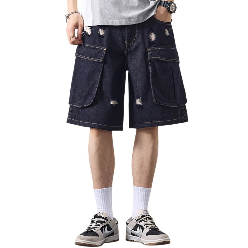 美式复古工装破洞牛仔短裤男莱赛尔天丝阔腿五分裤宽松直筒中裤子,淘宝优惠券,粉丝福利购,淘宝优惠卷