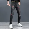 皇冠刺绣花牛仔裤男潮牌韩版修身小脚休闲百搭弹力黑色长裤子秋季 图片 4