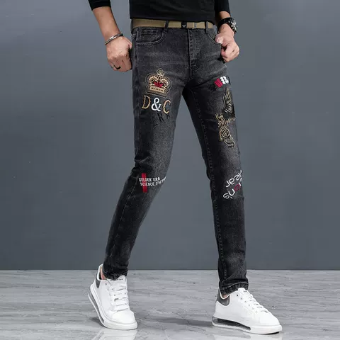 皇冠刺绣花牛仔裤男潮牌韩版修身小脚休闲百搭弹力黑色长裤子秋季 图片 2