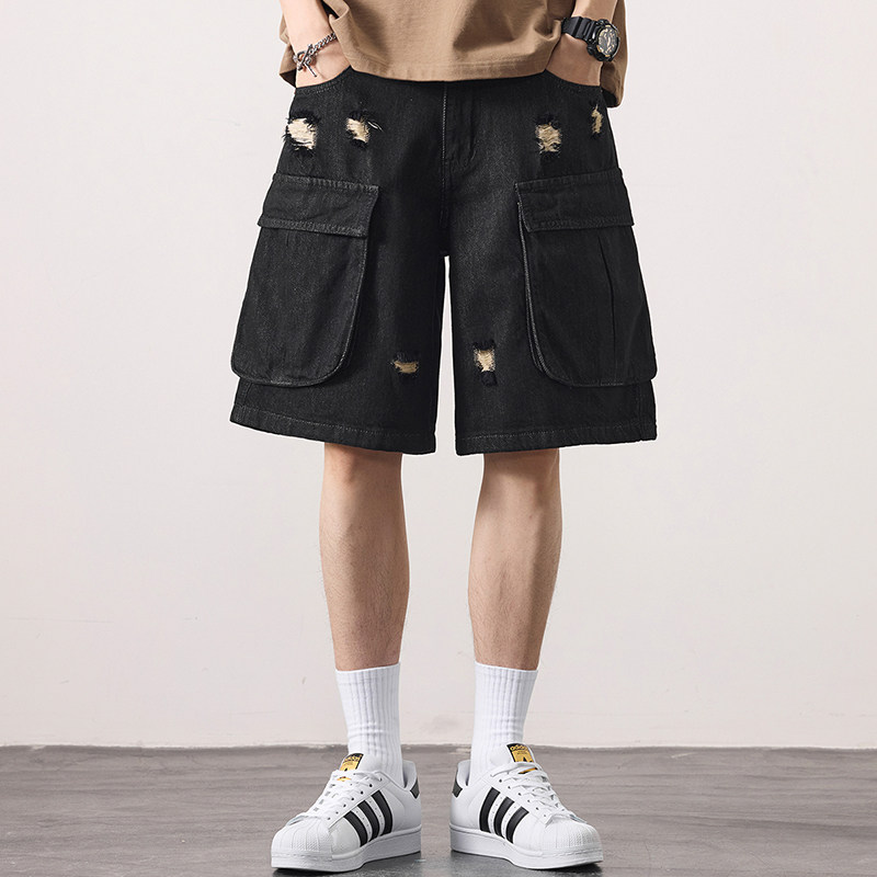 美式复古工装破洞牛仔短裤男莱赛尔天丝阔腿五分裤宽松直筒中裤子,淘宝优惠券,粉丝福利购,淘宝优惠卷