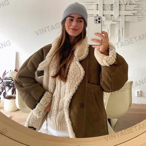 Vintagetang American Retro Brown Lambskin Fur All -in