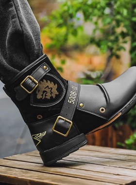 头复古金属搭扣侧拉链靴马丁靴男