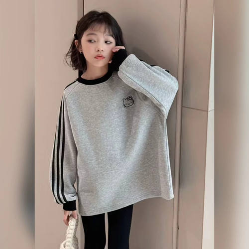 女童长袖t恤儿童上衣春装2026年新款春秋加绒打底衫大童kitty卫衣 - 图2