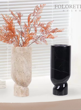 现代轻奢简约天然黄洞石大理石几何异形创意花器样板间花瓶装饰品
