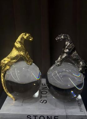 现代简约金属水晶金钱豹装饰品摆件样板间售楼处小众动物豹子摆设
