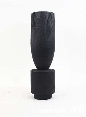 侘寂风复古原生态碳化木创意花器装饰品样板间新中式实木花瓶软装