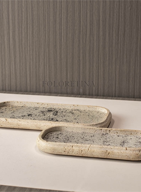 现代轻奢天然黄洞石几何皮革创意托盘样板间别墅茶几台面收纳盘
