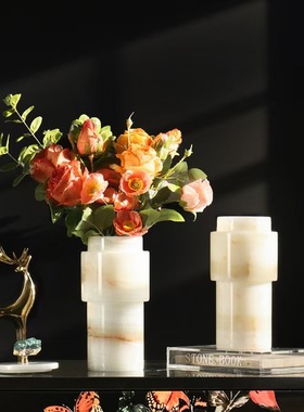 现代极简天然玉石高端创意花器摆件样板间售楼处少众冰玉花瓶摆设