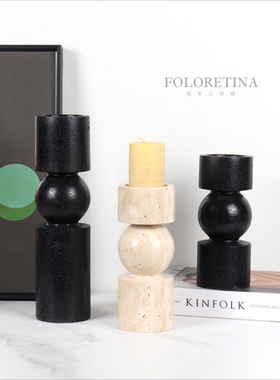 现代轻奢简约天然黄洞石大理石几何圆柱组合烛台样板间餐桌装饰品