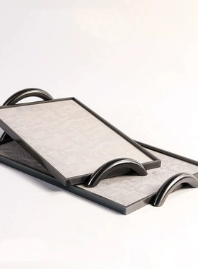 现代简约金属皮革皮质双耳把手长方形托盘创意装饰摆件桌面样板间