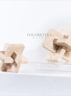 现代轻奢简约黄洞石环扣魔方装饰品摆件样板间客厅抽象大理石摆设