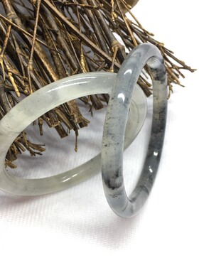 天然岫玉水墨手镯细圆条叮当镯 冰透水墨飘花手镯 女款岫玉镯子