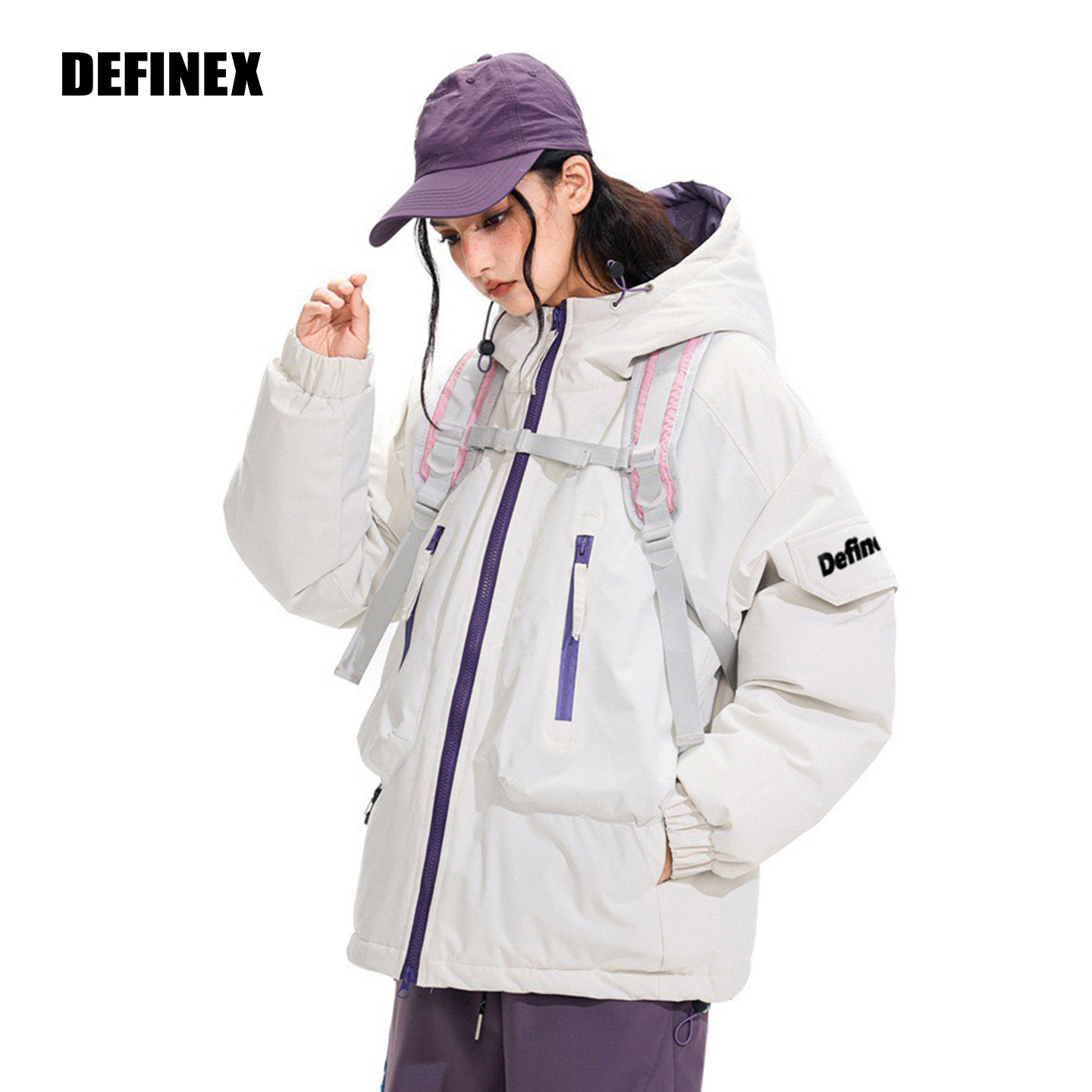 DEFINEX25秋冬潮流户外机能撞色拉链连帽棉服男女款宽松冬季外套