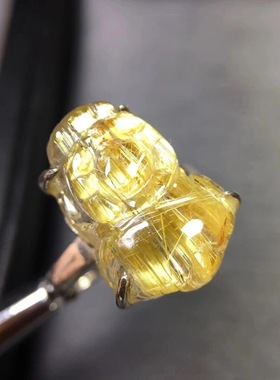 保真纯天然水晶钛晶貔貅戒指金发晶貔貅戒指貔貅戒指钛貔貅925