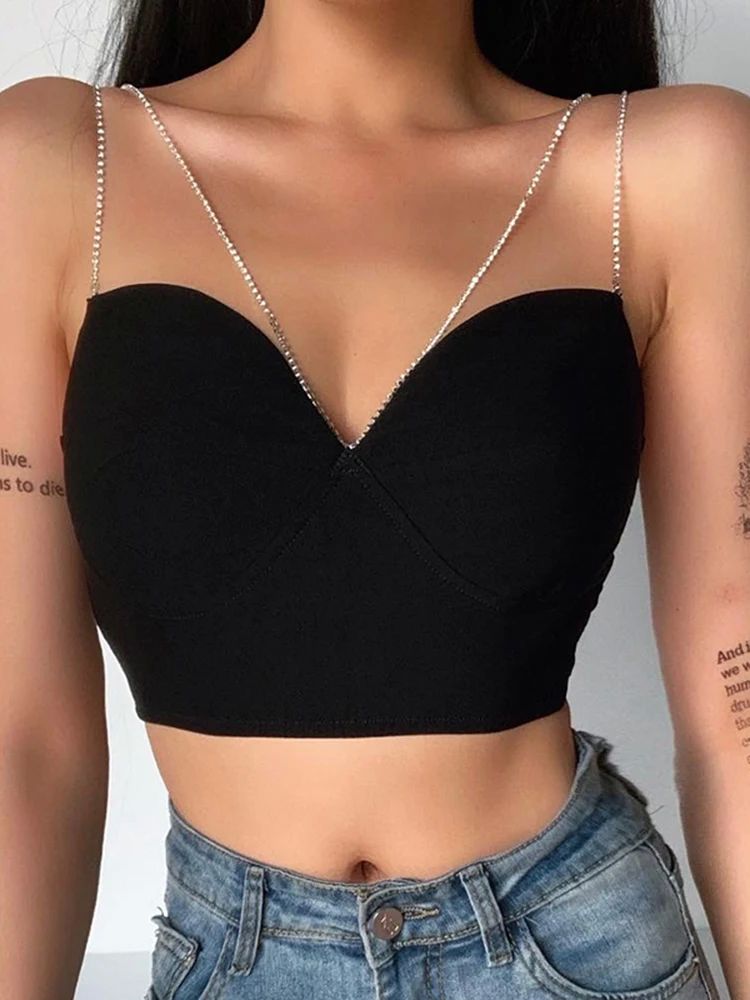 InstaHot Sexy Spaghetti Strap Cami Slim Cropped Top Women Su - 图0