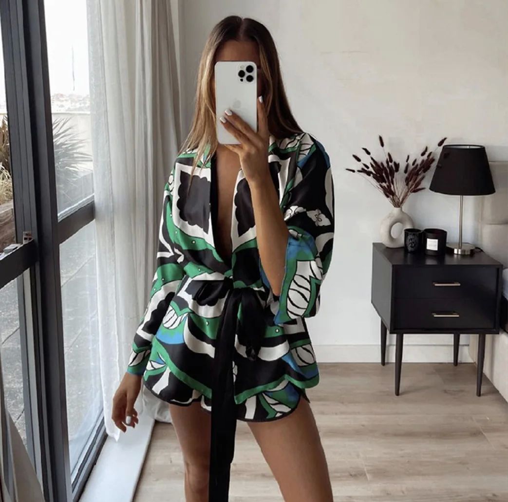 Women's Print Pajamas Set Summer Spring 3 Pieces Ladies Loos-图0