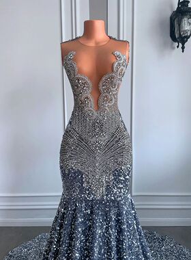 Sexy Long Sparkly Prom Dresses 2024 Sheer O-neck Luxury Silv