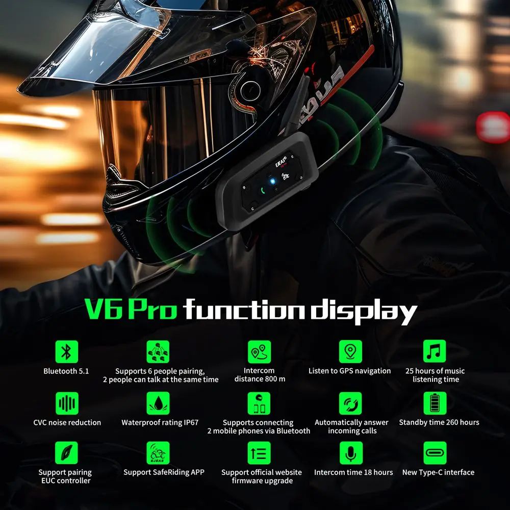 EJEAS V6 PRO Bluetooth Motorcycle Helmet Intercom Headset wi - 图0