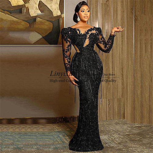 Shinny Mermaid Prom Dress Appliques Sequin And Beading Black - 图1