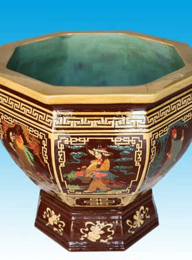 宜兴紫砂大水缸庭院落地摆件庭院假山造景纯手工传统图案八方八仙