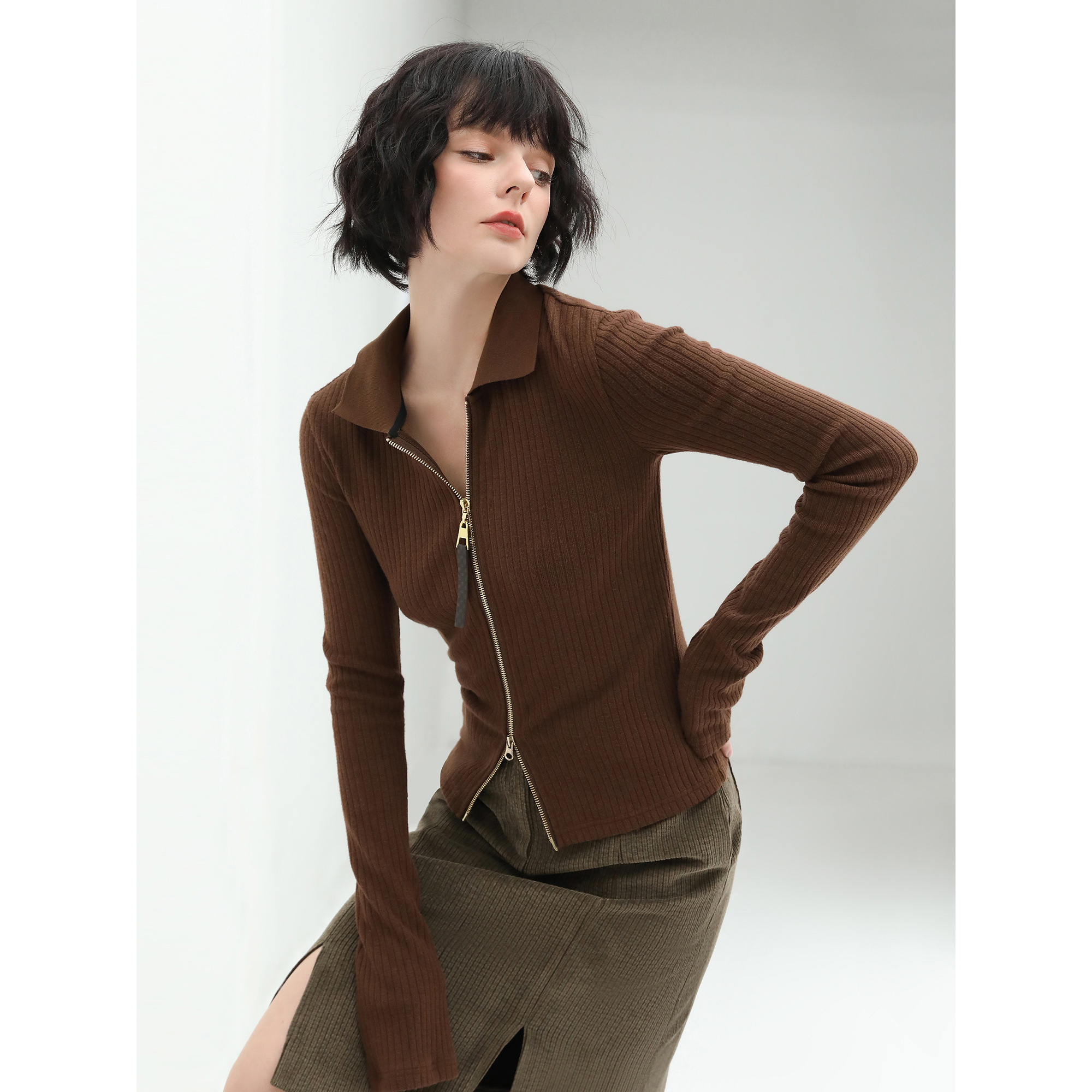 COCOBELLA美拉德穿搭双头拉链针织外套女秋冬坑条开衫上衣SE523B - 图1