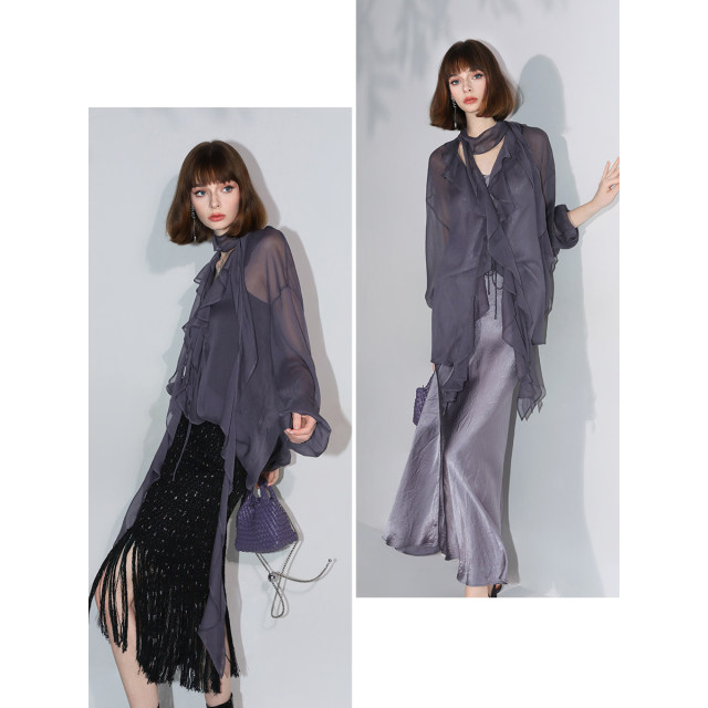 ເສື້ອ chiffon ribbon elegant ruffled