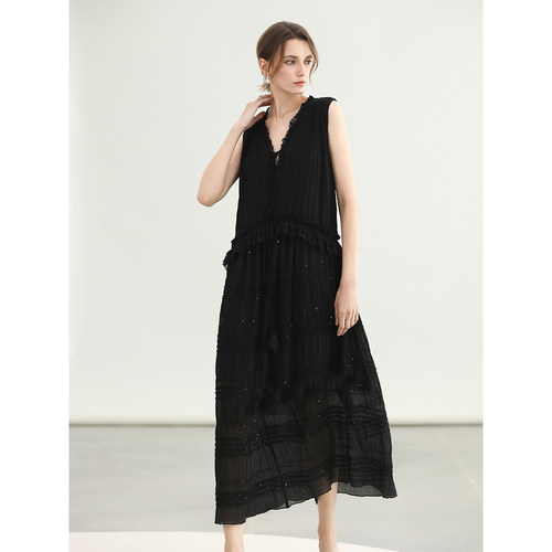 COCOBELLA重工压褶司马克15米对丝精致女人味气质连衣裙FR3043 - 图1