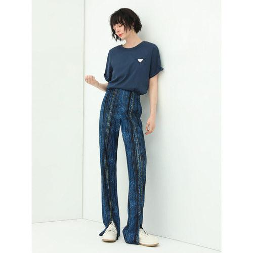 【3件5折】COCOBELLA重工压褶印花直筒裤宽松休闲长裤PA921 - 图0