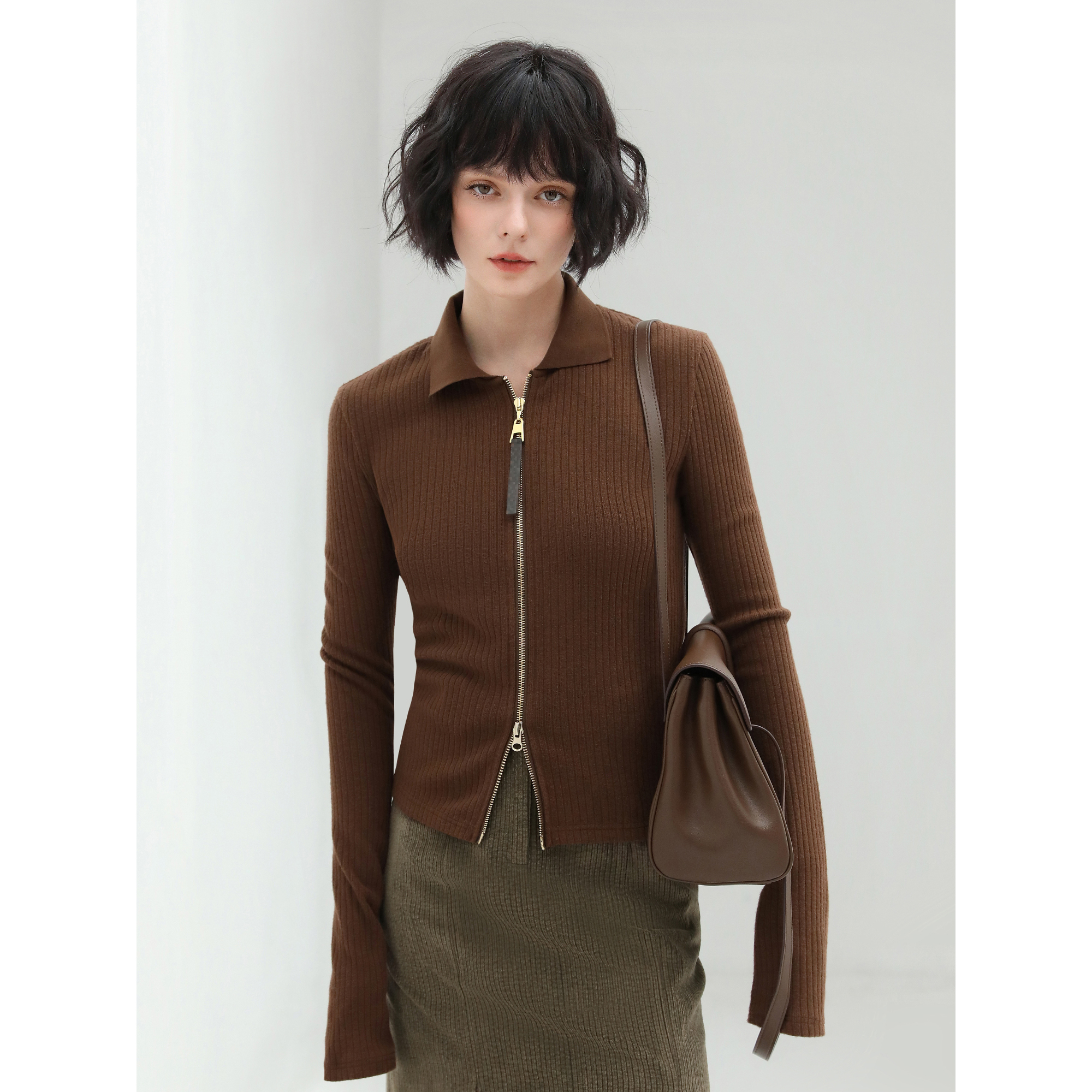 COCOBELLA美拉德穿搭双头拉链针织外套女秋冬坑条开衫上衣SE523B - 图0