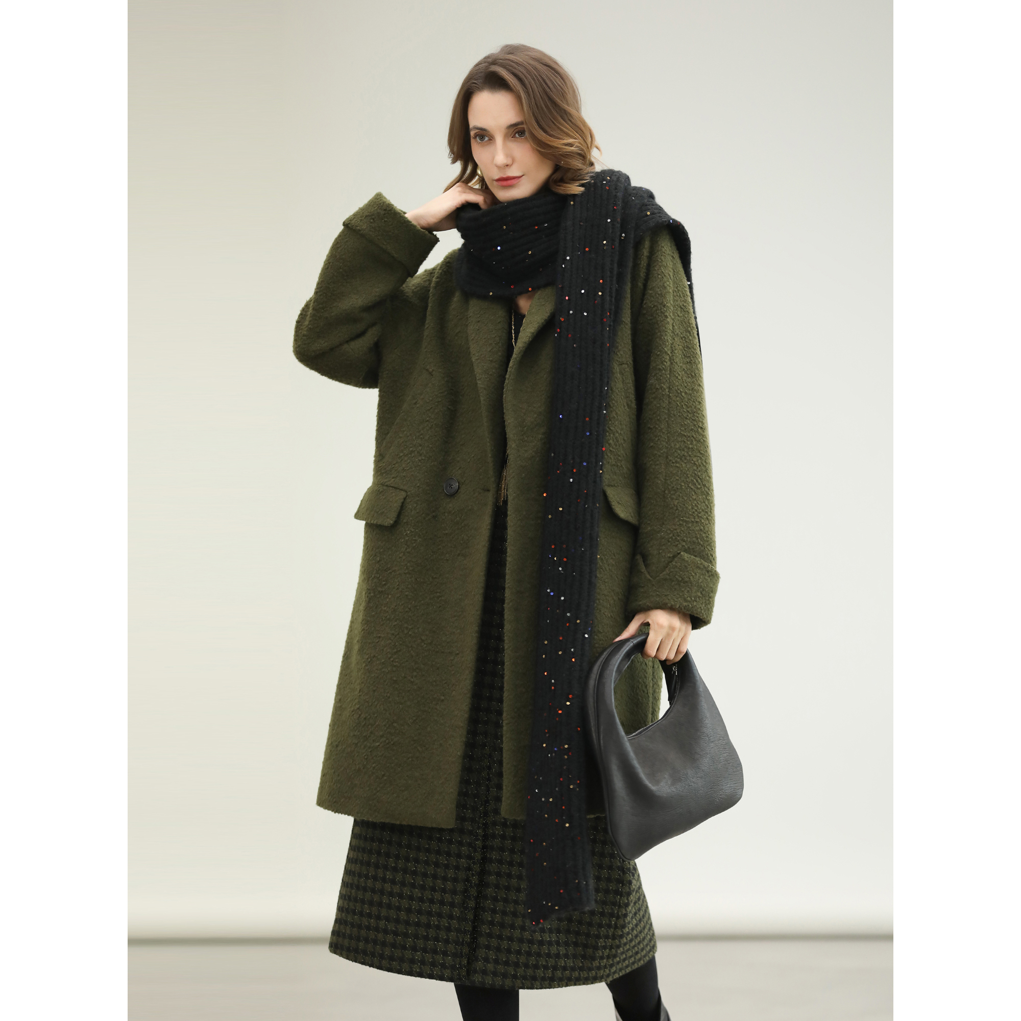 COCOBELLA[苔藓绿]细闪千鸟格羊毛半身裙中长款毛呢裙HS87 - 图1