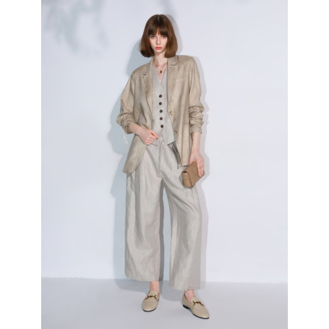 COCOBELLA ໂສ້ງຂາຍາວ linen pleated ແອວສູງ