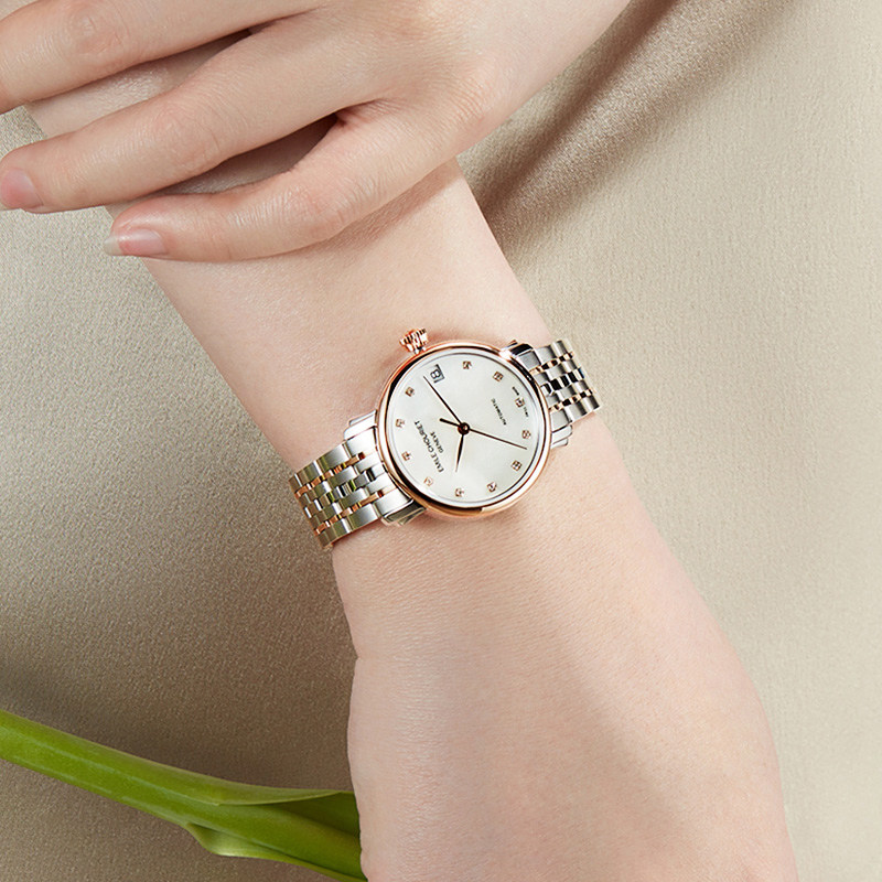 瑞士艾米龙表莱蒙系列时尚玫瑰金女表贝母盘镶钻间金机械表 瑞士艾米龙表莱蒙系列时尚玫瑰金女表贝母盘镶钻间金机械表