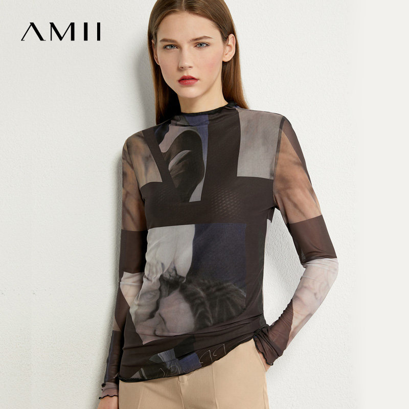 amii旗舰薄蕾丝网纱女春艾米打底衫 amii克莱T恤