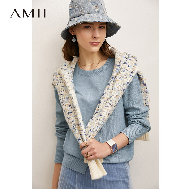 Amii2024秋季新款针织毛衣女不规则衣摆设计解构主义气质百搭上衣
