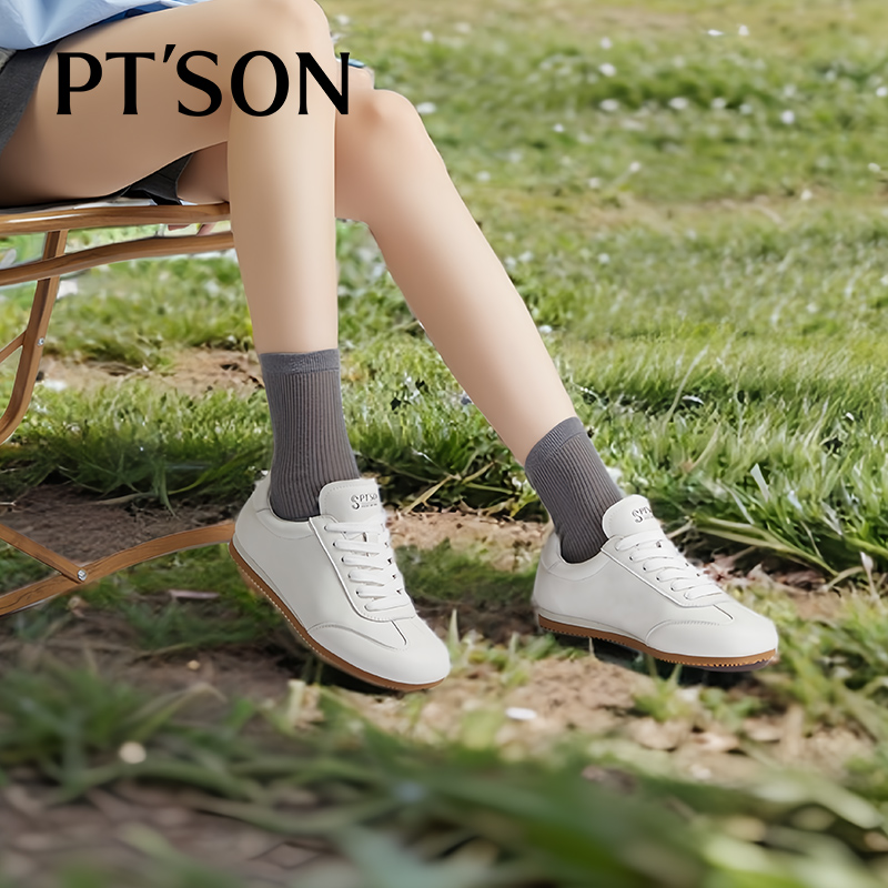 冯宝同款百田森头层牛皮小白鞋女春季鞋子新款圆头软底休闲运动鞋