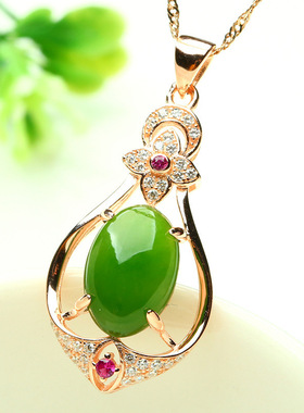 银镀玫瑰金色镶钻项链天然玉石碧玉吊坠时尚和田玉项链玉坠项饰女