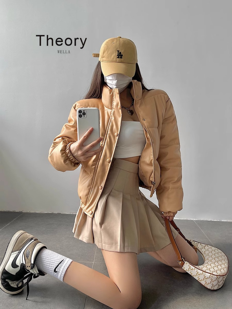 Theory wella欧美时髦立领拉链宽松保暖面包服仿皮短款棉衣外套女