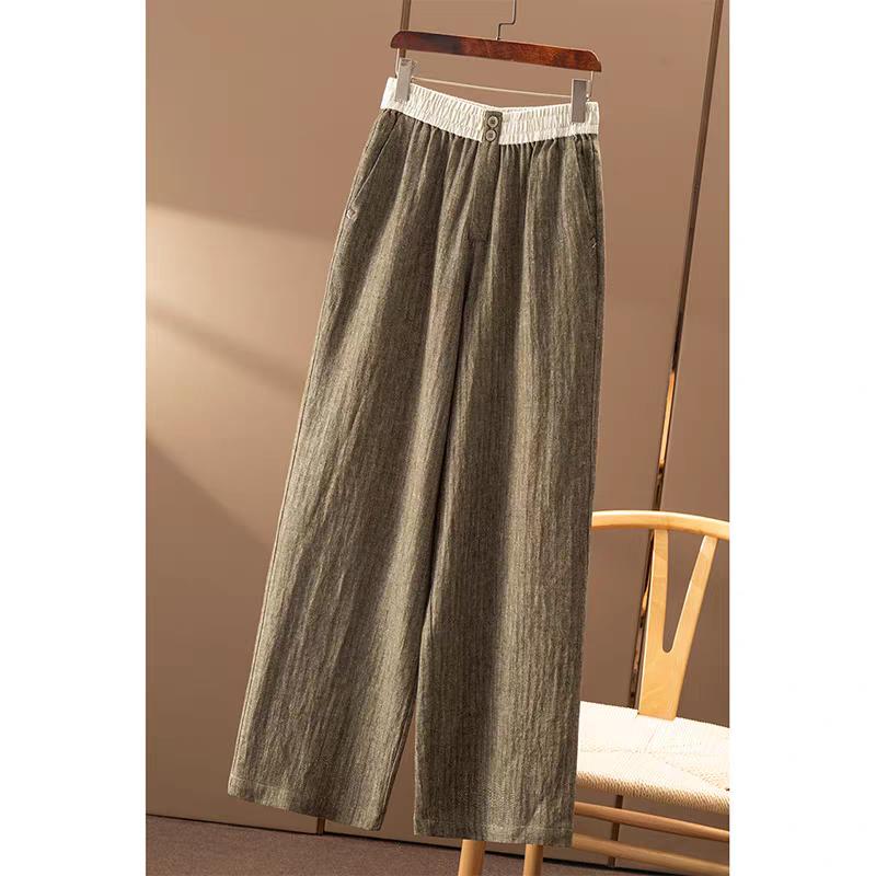 2025春新款简约百搭法G亚麻+棉人字纹松紧腰直筒阔腿裤trousers女 - 图0