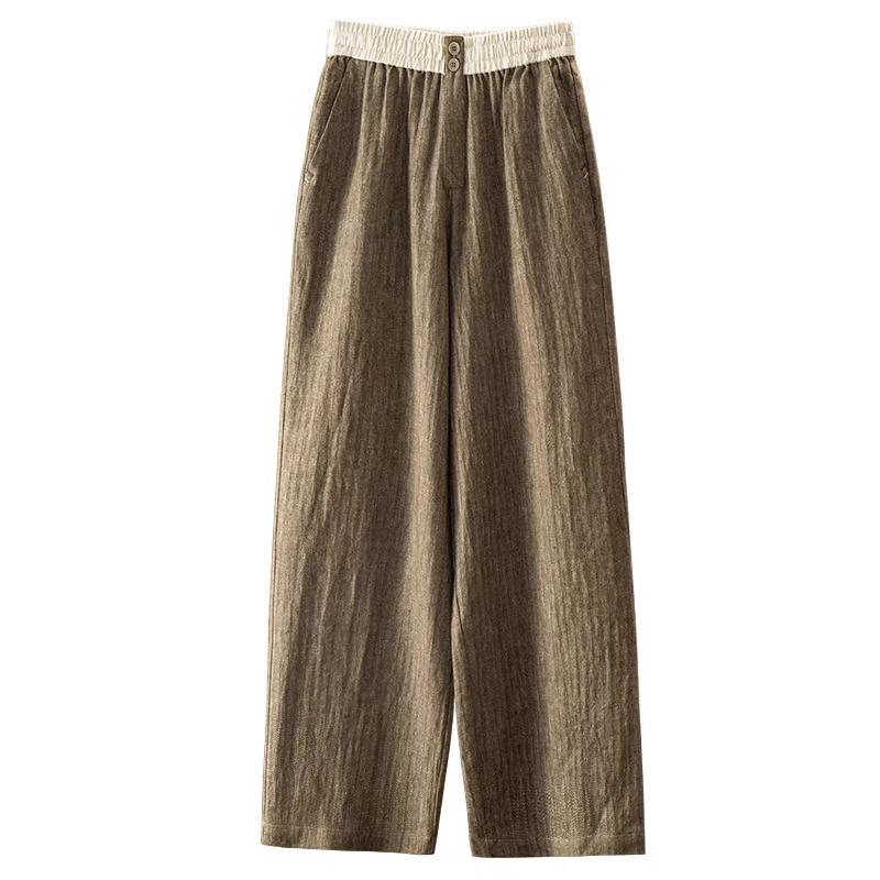 2025春新款简约百搭法G亚麻+棉人字纹松紧腰直筒阔腿裤trousers女 - 图3