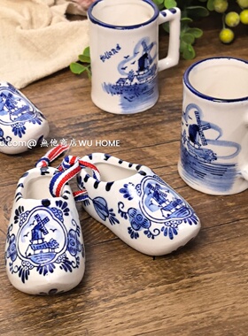 荷兰风车青花鞋子摆件创意小瓷鞋子装饰桌面饰品小杯子小收纳花瓶