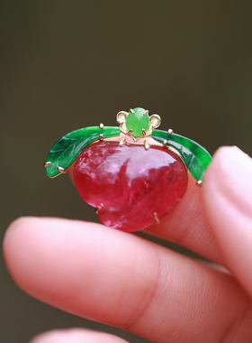 和合大仙人 轻奢故宫同款 18K金天然翡翠古董碧玺 国风小桃子吊坠