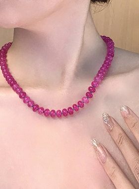 铜合金仿水晶项链【粉红女郎项链】彩色玫红色火龙果色时尚首饰