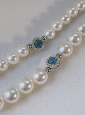925银天然海蓝宝石澳白珍珠项链
