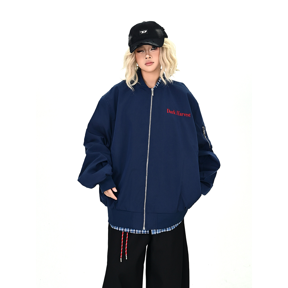 怕麻烦灰色字母刺绣翻领夹克女2025秋季新款宽松bf韩系学院风外套 - 图2