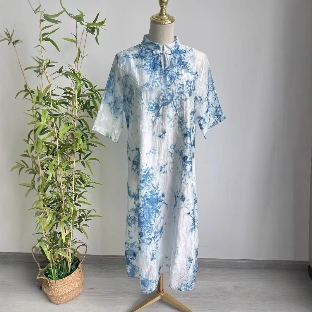 云南贵州手工蓝染连衣裙扎染旗袍裙新中式立领中袖复古双层裙子,淘宝优惠券,粉丝福利购,淘宝优惠卷