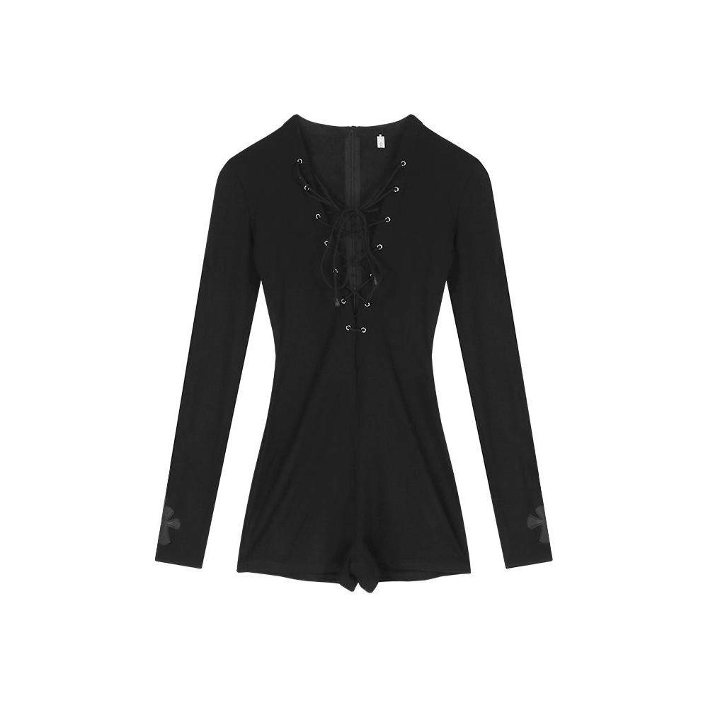 黑色镂空长袖连体衣女秋季小个子内搭修身性感辣妹美式短款连体裤,淘宝优惠券,粉丝福利购,淘宝优惠卷