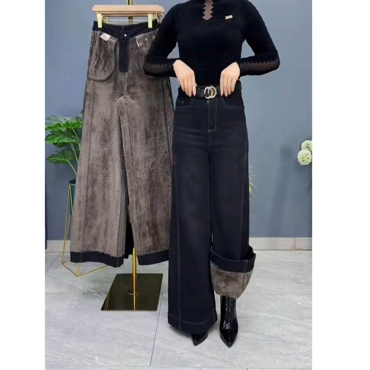 九分牛仔裤女2025新款冬季高腰加绒加厚一体羊羔绒小个子阔腿裤子,淘宝优惠券,粉丝福利购,淘宝优惠卷