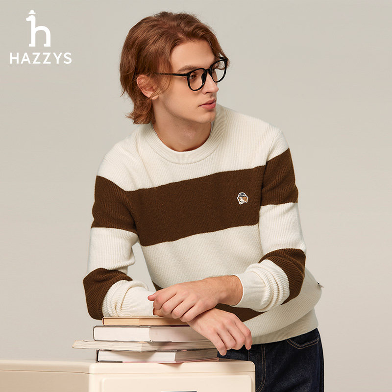 Hazzys哈吉斯男装秋冬季休闲宽松条纹撞色上衣复古毛衣保暖羊毛衫 - 图3