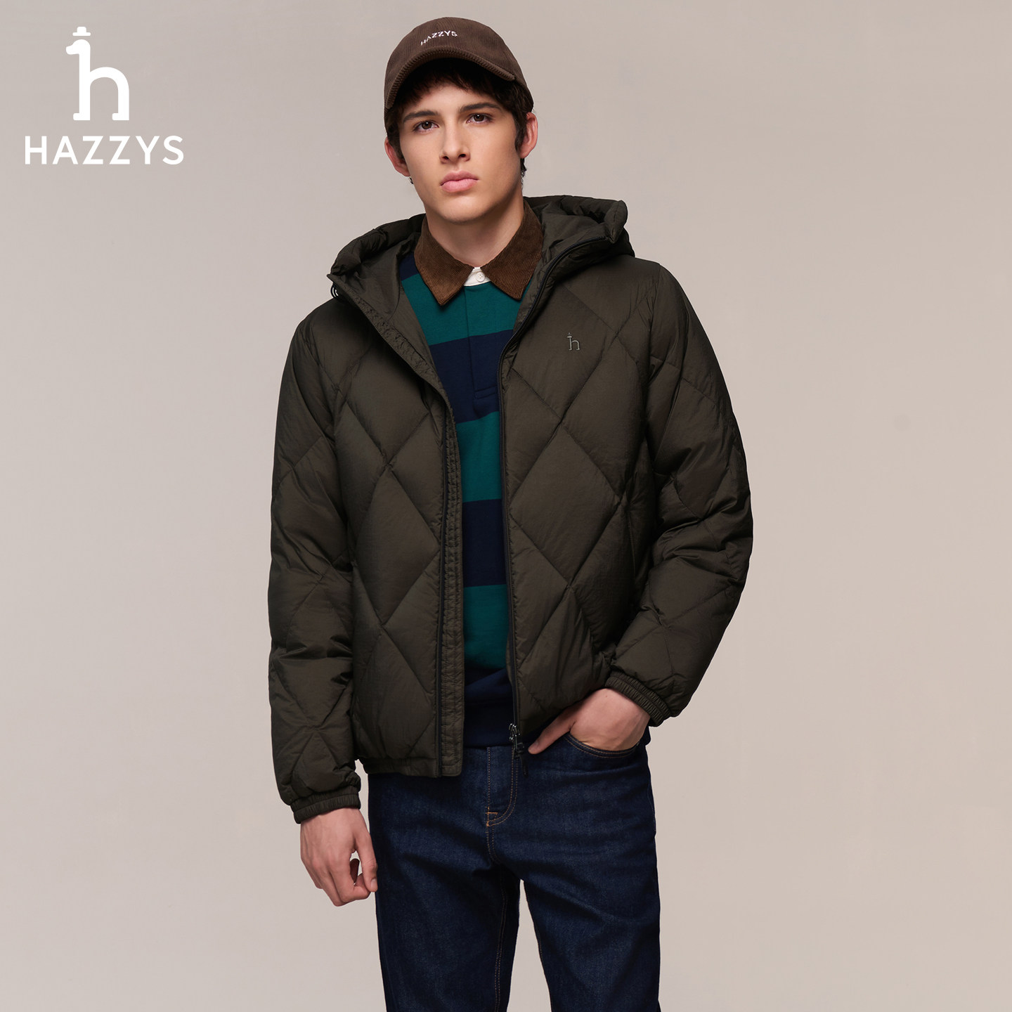 【鹅绒】Hazzys哈吉斯男士羽绒服秋冬季宽松菱形绗缝连帽保暖外套
